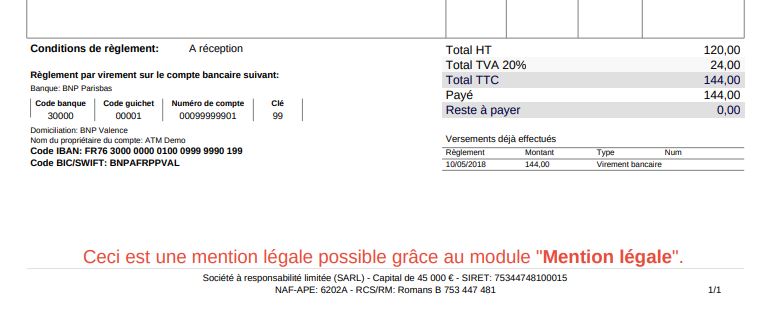 Exemple de facture avec mentions légales pour Dolibarr