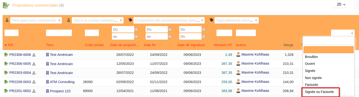 Ajout du filtre “Signée ou Facturée”